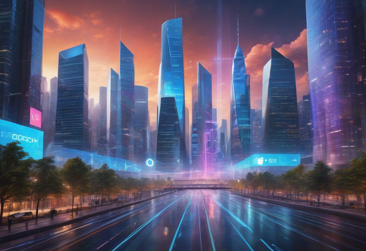 A futuristic city skyline with digital insurance symbols integrated, showcasing interconnected technology like virtual shields and smart contracts. Include diverse people engaging with advanced devices, suggesting security and innovation. The sky is bright and filled with data streams, symbolizing the flow of information. super-realistic. vibrant colors. 3D.