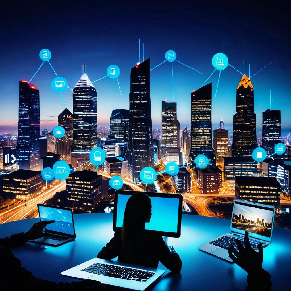 A modern digital landscape showcasing diverse individuals using various devices (laptops, tablets, smartphones) to access web-based insurance services. Include elements like floating icons of insurance symbols (houses, cars, health) in the background, depicting connectivity and support. Use a blend of professional and friendly aesthetics to convey trustworthiness and accessibility. Futuristic city skyline in soft focus to represent the digital age. vibrant colors. sleek design.