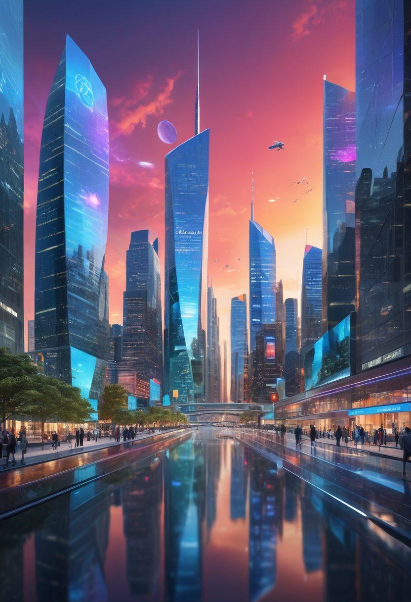 A futuristic digital landscape showcasing people effortlessly managing their insurance policies on sleek transparent devices. Include elements such as a city skyline infused with technology, holographic displays of insurance options, and diverse individuals engaged in virtual consultations. The scene should convey innovation, accessibility, and the empowerment of online solutions. super-realistic. vibrant colors. 3D.